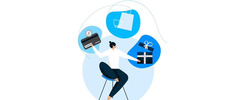 Ilustração mostra uma mulher cercada por ícones de presenta, compras e cartão que representam os benefícios Elo Flex
