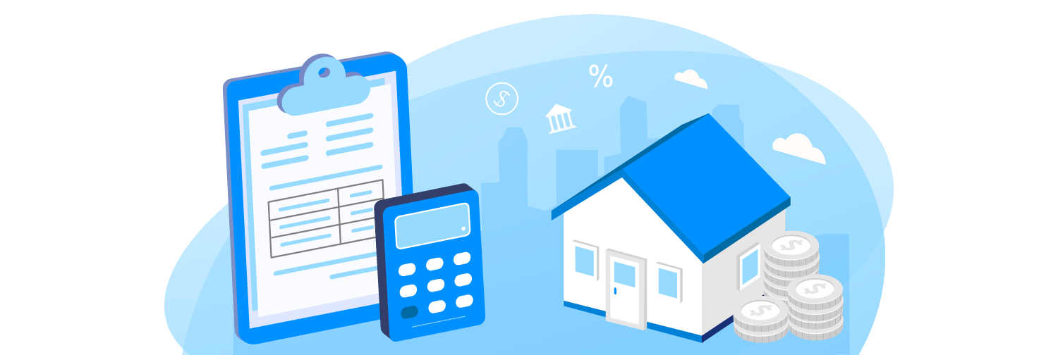 Icone de uma casa, uma calculadora e uma prancheta, representando a declaração de empréstimo com garantia de imóvel