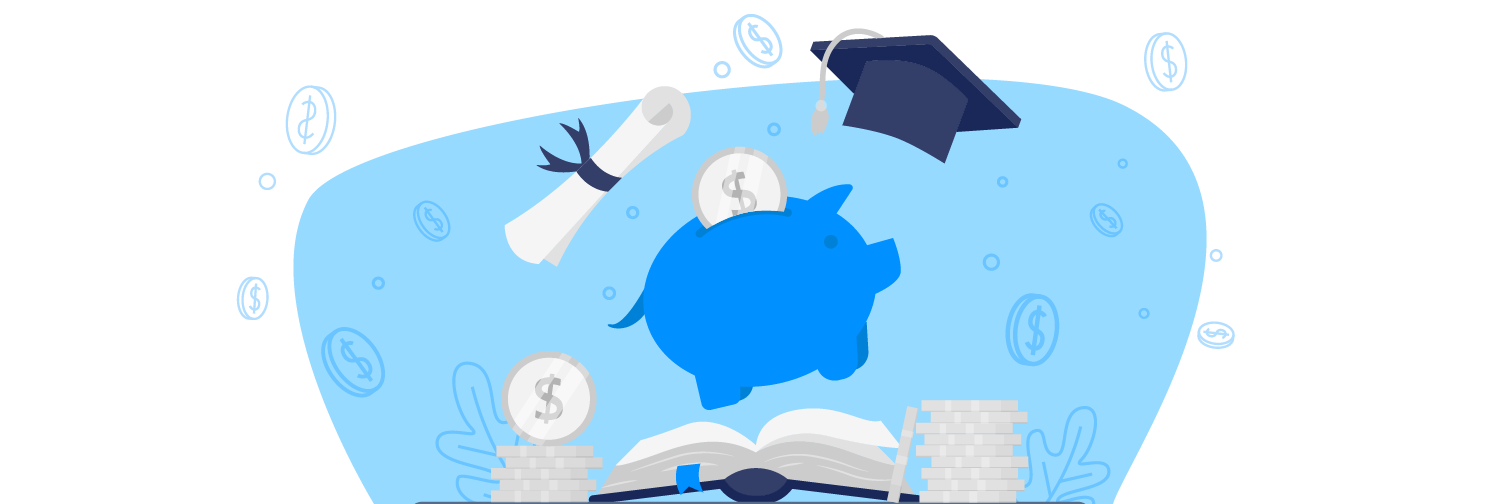 ícone de um cofrinho em forma de porquinho cercado de moedas, um diploma, toga e um livro, ilustrando a economia para estudar fora