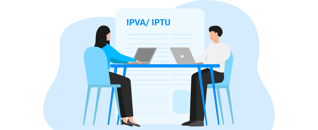 mulher e homem sentados um de frente para o outro, com um papel ao fundo escrito IPVA/IPTU