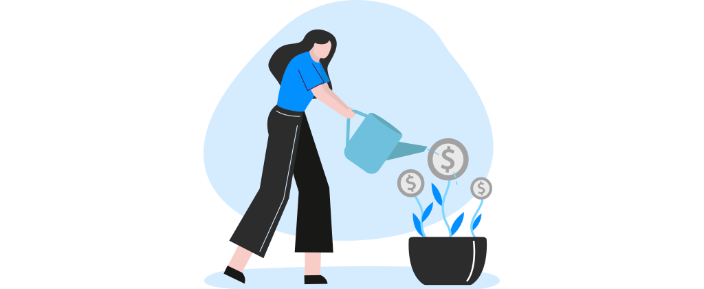 Mulher regando plantas com moedas e o símbolo de $. 