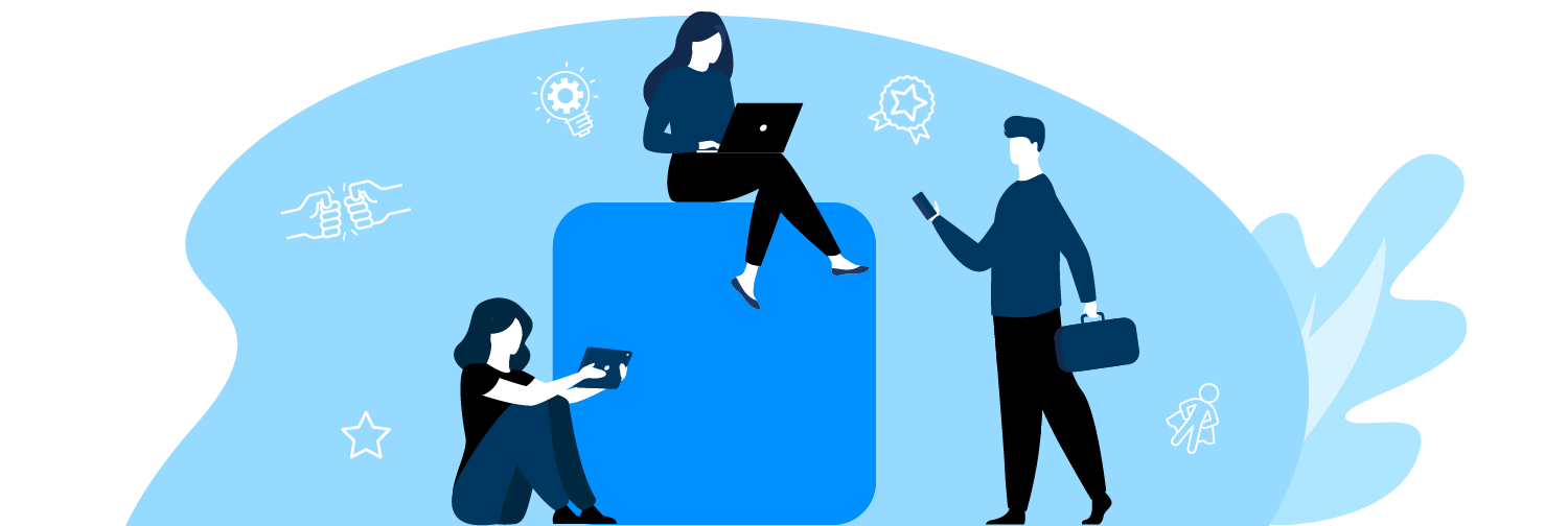 Ilustração mostra uma mulher sentada sobre um cubo azul gigante e utilizando um notebook, um homem utilizando um celular e uma mulher sentada no chão e utilizando um tablet. 