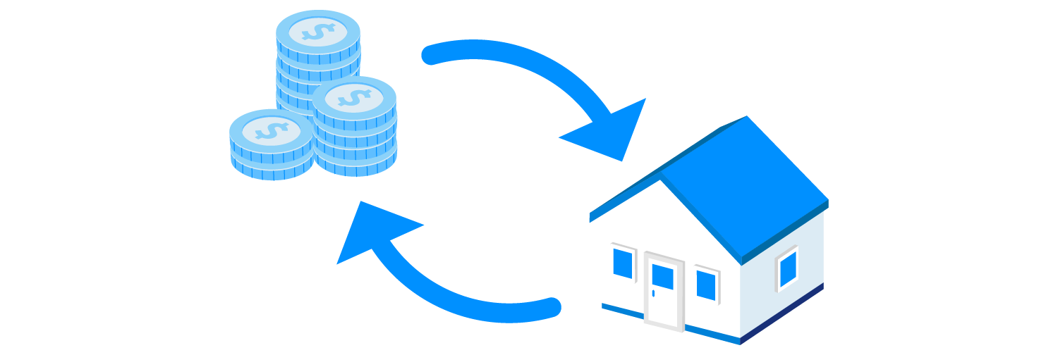 ilustração de uma casa e dinheiro, com setinhas exemplificando a troca entre os dois, algo possível com a linha de crédito home equity