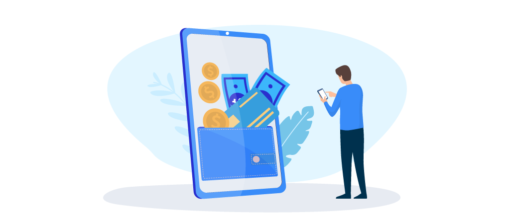 ilustração de um homem segurando um smartphone pequeno em frente a uma tela maior, na qual há o desenho de uma carteira e cartões, notas e moedas saindo, representando o dinheiro digital