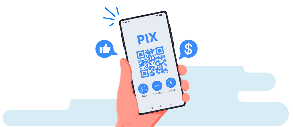 ilustração de uma mão segurando um smartphone com um QR Code e o escrito PIX na tela