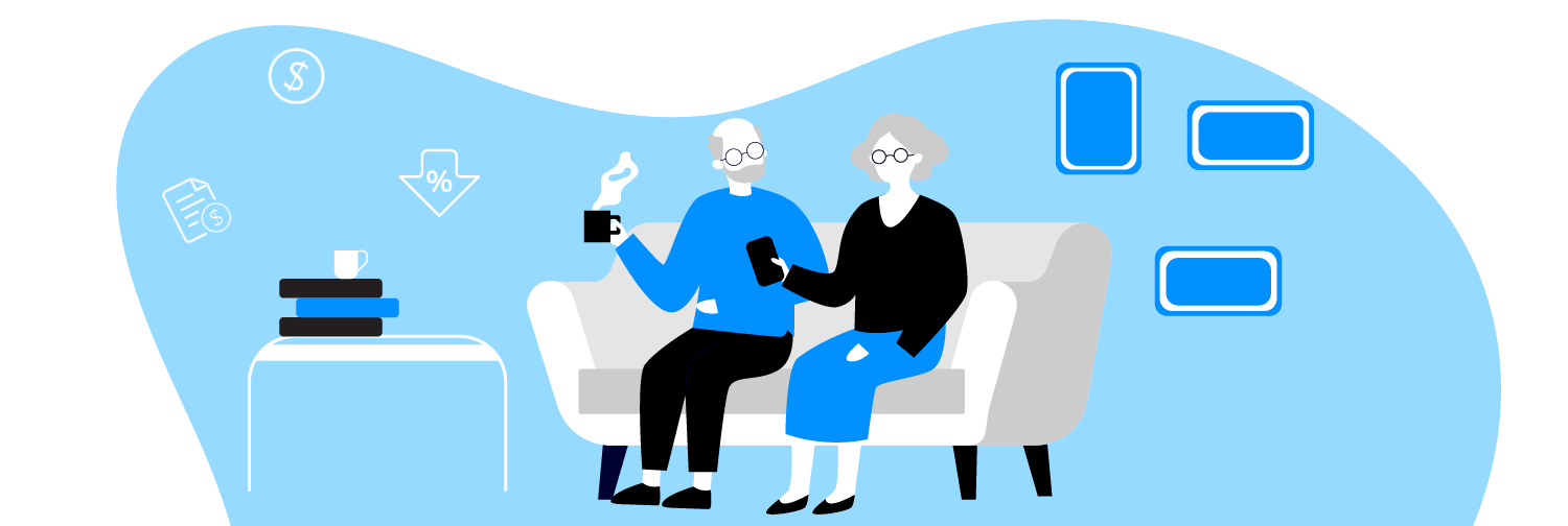 ilustração de um casal de idosos sentados ao sofá