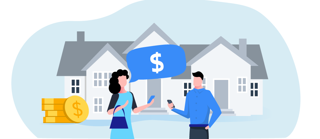 ilustração de um homem e uma mulher dialogando sobre dinheiro em frente a uma casa grande, com símbolo de moedas empilhadas