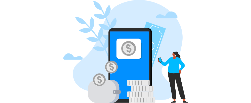 ilustração de uma mulher olhando para uma tela de celular, uma pilha de moedas e uma carteira, viver de renda